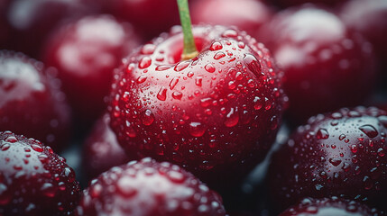 Ripe, juicy bright red cherries  with stems with Dew Drops With drops of water close-up 