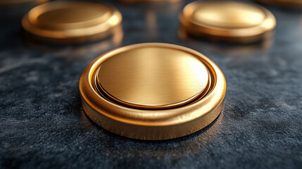 Gold button on black background close up	