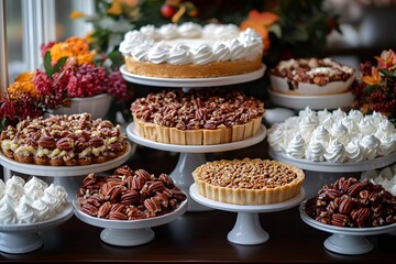 Dessert table piled high with Thanksgiving treats.