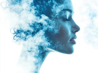 Female with eyes closed, exhaling vapor from mouth, against white background