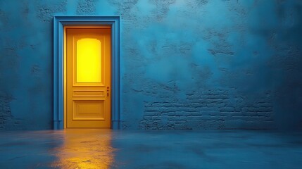 3d rendering of a bright yellow light streaming through an open door set against a sleek blue background represents possibilities and opportunities with a modern minimalistic design aesthetic