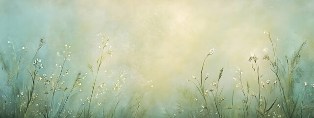 Obraz premium Soft meadow grasses with dewdrop highlights, delicate nature-inspired texture background in calming green hues