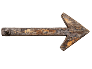 Wooden arrow sign pointing right, cut out transparent