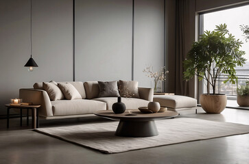 Minimalist, japandi interior design of modern living room with stylish furniture