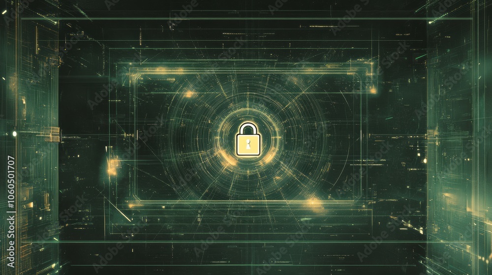 Poster a vibrant computer screen showcases a central lock icon, symbolizing digital security and protection