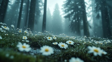 Lush Wildflowers Blooming in a Misty Forest at Dawn, Creating a Serene and Peaceful Atmosphere