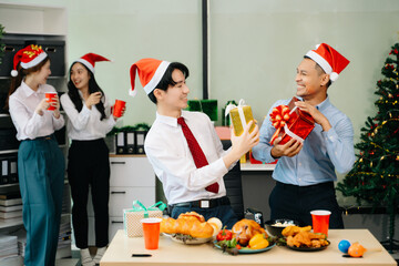 Celebrate Christmas with colleagues in a joyful office party setting, sharing gifts, laughs, and holiday cheer