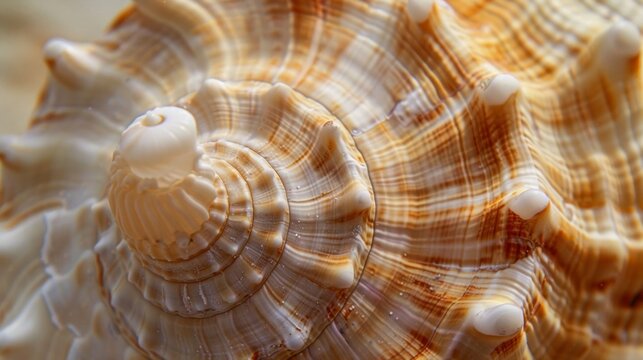 Close up seashell with intricate spiral pattern and textured ridges in white and brown. Mesmerizing abstract background captures essence of marine life