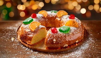 Traditional Roscón de Reyes decorated with candied fruit, sliced almonds, and powdered sugar, set on a rustic wooden table over a background of blurred warm lights. Typical Spanish Epiphany dessert