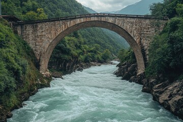 Bridge over swift river in mountain valley.