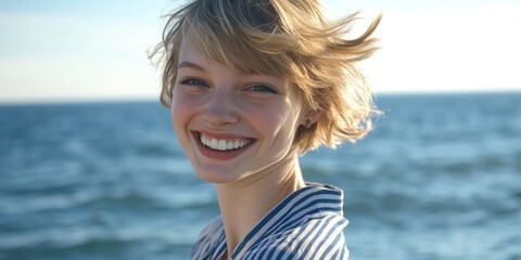 A person posing at the shore with a scenic view.