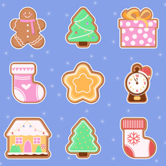 set of christmas icons. Set of stickers for Christmas or New Year. Gingerbread stickers