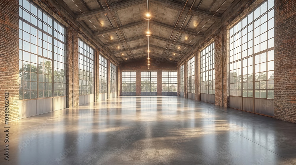 Wall mural a 3d rendering of an expansive empty warehouse filled with light from numerous large windows showcas