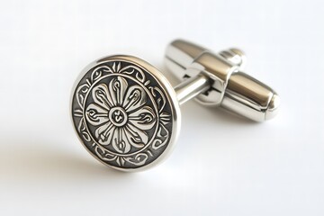 A single cufflink with an intricate design on a white surface with copyspace.