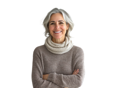 Smiling woman with gray hair wearing a cozy sweater and scarf, transparent