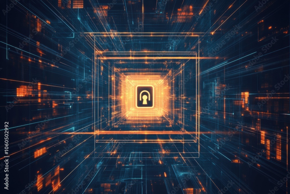 Fototapete a computer screen prominently features a central lock icon, symbolizing cybersecurity and digital pr