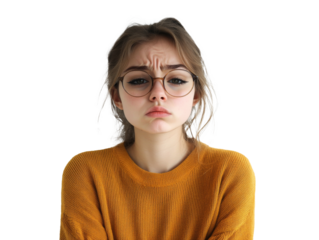 Young woman with glasses expressing concern in a bright setting, transparent