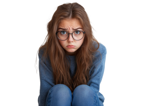 Young girl with glasses looking upset while sitting on the floor, transparent