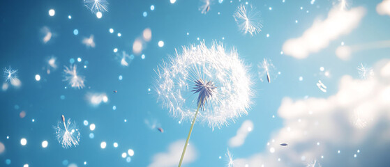 Obraz premium Dandelion Seeds Floating in the Wind on a Sunny Day
