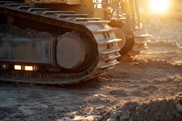 Electric-powered heavy machinery in construction with copyspace. Soft sunlight reflecting off machinery.