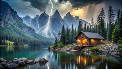 Fototapeta premium A Serene Cabin Nestled Among Majestic Peaks, Bathed in the Golden Glow of a Dramatic Sunset, as a Lightning Bolt Illuminates the Sky Above the Still Waters of a Tranquil Lake