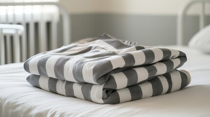 A folded prison uniform on a bed, ready to be worn, isolated on a white background