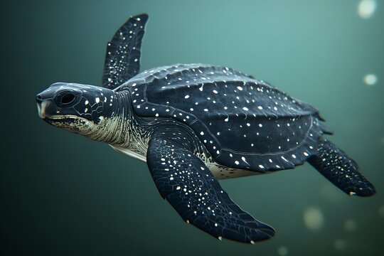 Leatherback sea turtle swimming gracefully with copyspace. Soft light illuminating underwater. Ocean background.
