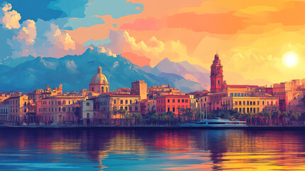 Obraz premium Palermo, Italy, Pop Art style theme print. Cityscape, city skyline.Vibrant, bright, modern, trendy, graphic designed for poster, card, wallpaper