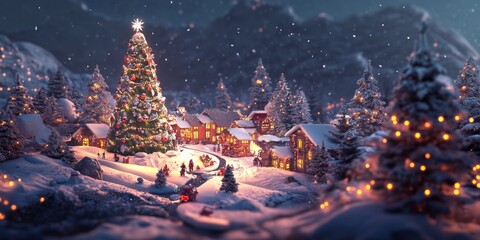 Charming Christmas village scene with a large decorated tree, snow-covered houses, and festive lights, creating a magical holiday atmosphere in a winter wonderland setting