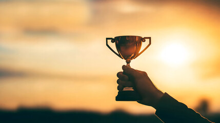 Success concept,  triumph. Holding trophy in hand, silhouette of man, Generative ai