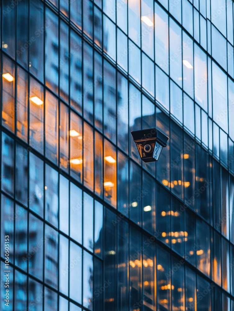 Aufkleber surveillance cameras are positioned on an office building, capturing reflections of lights and nearb