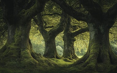 Fototapeta premium A group of ancient trees in a serene forest, their trunks thick and covered in moss