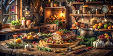 Cozy Kitchen Roast Dinner Carving with Festive Ingredients and Warm Ambiance