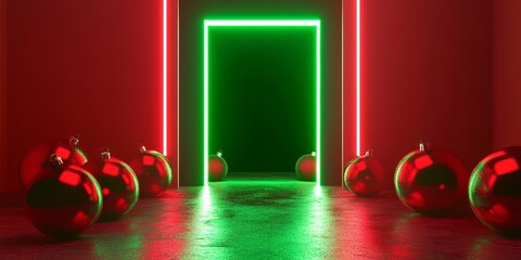 Red Christmas ornaments placed on the floor in a room with neon red and green lighting, framing an open doorway with a glowing green outline. Festive and futuristic holiday concept.