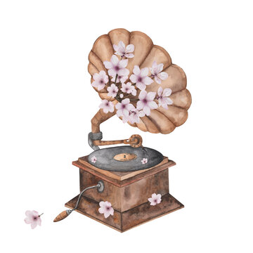 recommend clip art: Gramophone watercolor. Hand drawn vintage musical instrument on isolated white background. Clip art of record player with pink flowers. Ideal for postcards, educational cards and poster