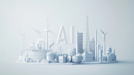 3D illustration of the word "AI" in white with an arrow pointing to various industrial and energy icons such as wind turbines, oil derricks, skyscrapers, aircraft, and ships. 