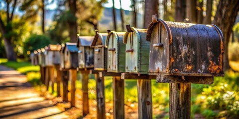 Fototapeta premium A row of weathered mailboxes stand tall against a backdrop of sun-dappled foliage, hinting at the passage of time and the enduring nature of communication.