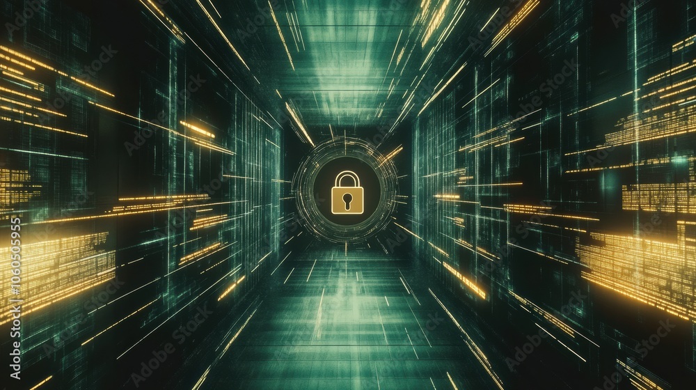 Leinwandbilder A central lock symbol appears on a glowing screen surrounded by dynamic digital patterns, emphasizing data protection and security. Generative AI