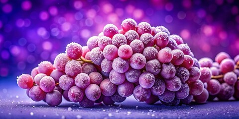 A cluster of plump, frosted grapes, glistening with a subtle, powdery shimmer, rests on a velvety surface, illuminated by a soft, ethereal purple light.