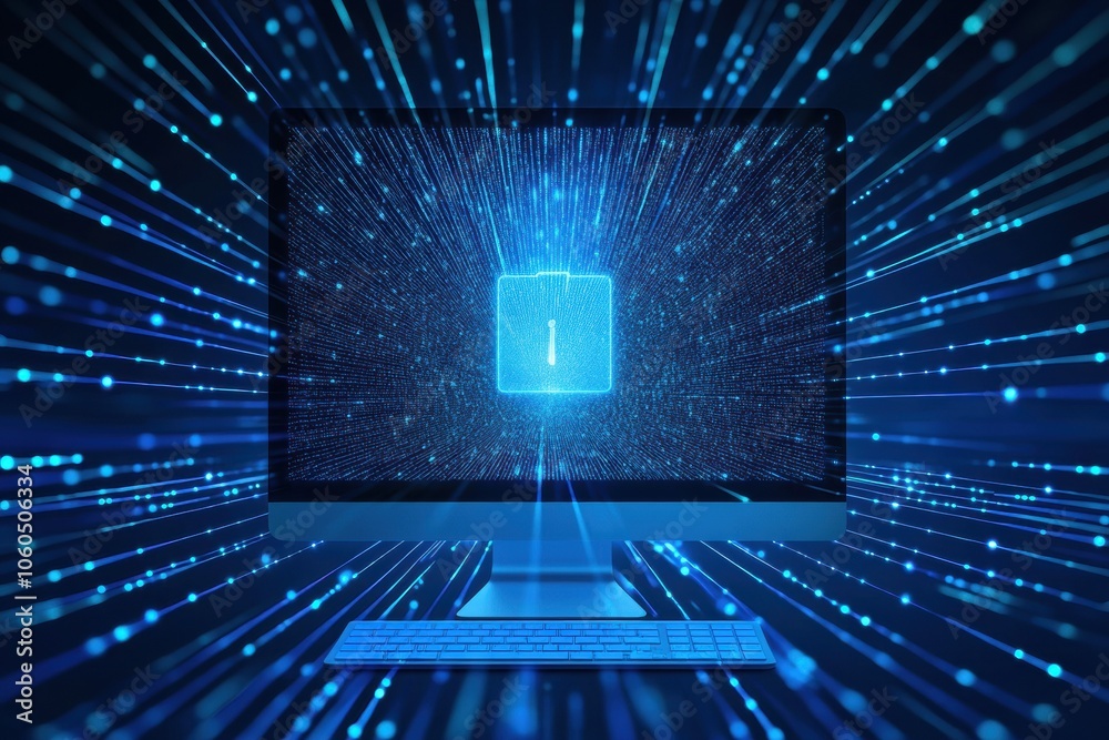 Poster A glowing protection icon appears prominently on a computer screen surrounded by vibrant blue data streams flowing outward in a dark setting. Generative AI