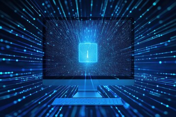 A glowing protection icon appears prominently on a computer screen surrounded by vibrant blue data streams flowing outward in a dark setting. Generative AI