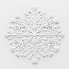 Intricate white paper-cut snowflake design with symmetrical floral and leaf patterns on a textured background, evoking a sense of winter elegance and minimalist holiday decor. 