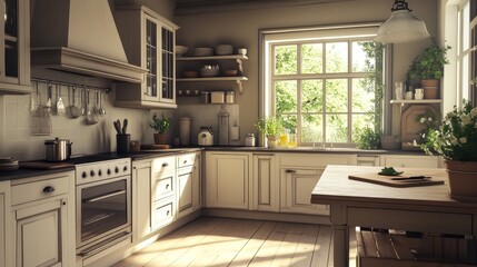 Rustic kitchen design with wood accents, vintage-style cabinets, and a central island, bathed in natural light, creating a charming and homely atmosphere.