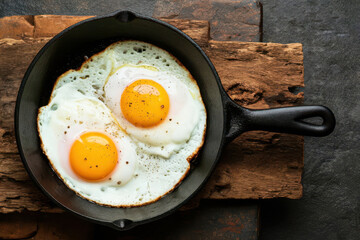 Fried eggs in black cast iron skillet on rustic wood