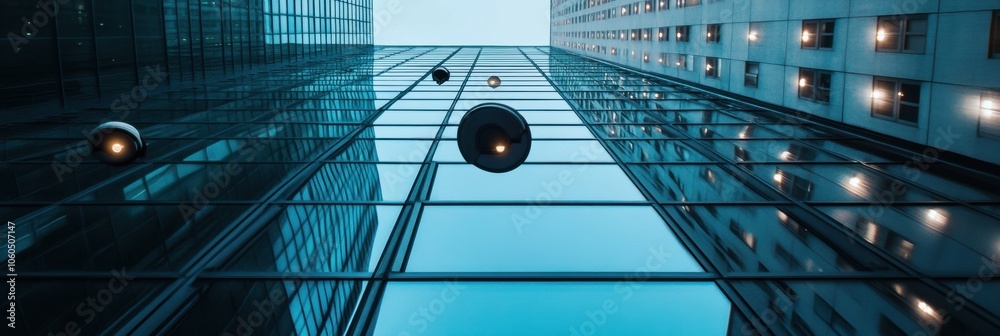 Poster Surveillance cameras are strategically positioned on an office building, ensuring security while reflecting the surrounding urban architecture. Generative AI