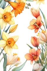 Obraz premium Vibrant floral arrangement featuring daffodils and lilies in soft watercolor style for nature and art lovers