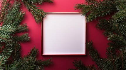 Empty frame with green pine branches on red background