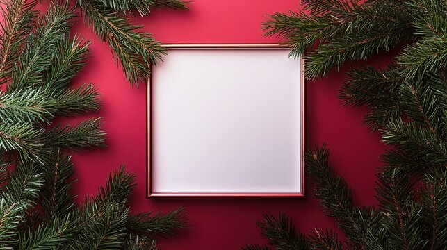 Empty frame with green pine branches on red background