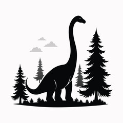 Majestic Brontosaurus vector Silhouette with Trees on White Background © Nayon Chandro Barmon