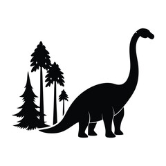 Majestic Brontosaurus vector Silhouette with Trees on White Background
